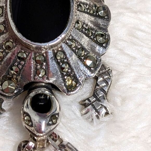 Vintage Sterling Silver, Onyx and Marcasite Turtle Pendant/Necklace - Picture 5 of 16